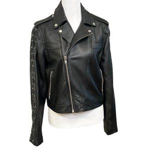 Lab - Lambs Leather Womens Jacket, Crop, Lace Sleeves, Biker Full Zip #BH